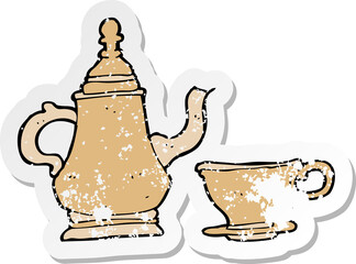 retro distressed sticker of a cartoon coffee pot and cup