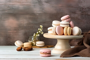 Elegant indulgence, Macarons on a wooden table a sophisticated stock photo capturing the delicate beauty and exquisite flavor of these sweet treats.