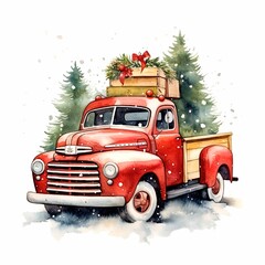 christmas truck with christmas tree on white background