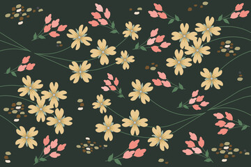 Fototapeta na wymiar Seamless horizontal pattern with small flowers and stones on a dark background. Vector illustration for design of fabric, wallpaper in vintage style