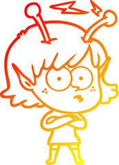 warm gradient line drawing of a cartoon alien girl