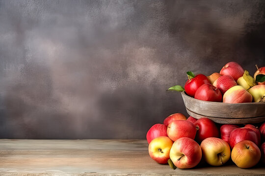 Harvest tones, apples on a wooden background, a rustic stock photography that captures the rich colors and warmth of the bountiful autumn harvest season.