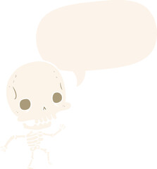 Obraz na płótnie Canvas cute cartoon dancing skeleton with speech bubble in retro style