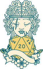 Retro Tattoo Style elf barbarian character face with natural twenty dice roll
