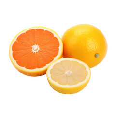 Fototapeta premium colorful orange and lemon whole and half in a group, red green and yellow fruit isolated on transparent background, close up, studio shoot,clipping path, png file, 