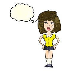 cartoon woman been in fight with thought bubble