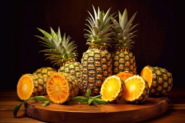 Whole and cut pineapples on a wooden board. Dark background.