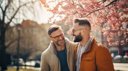 romantic male couple,two gay men have conversation,walk in the park  - obrazy, fototapety, plakaty