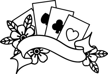 tattoo in black line style of cards and banner