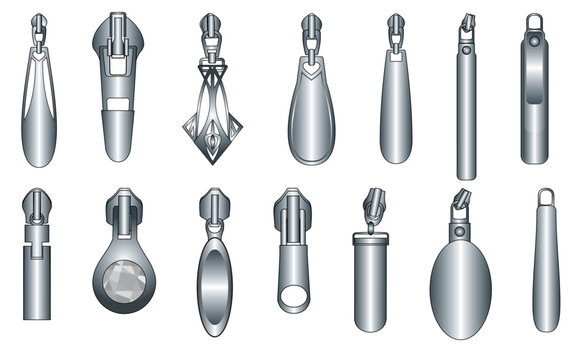 Silver metal Zipper puller flat sketch vector illustration set, different types of 3D Zip pull for fasteners, dresses garments, bags, Fashion illustration, Clothing and Accessories