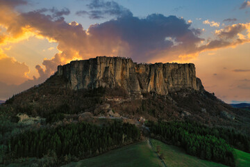 Aerial view of Bismantova Rock at sunset, Pietra di Bismantova, located near to Castelnovo Monti,...