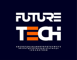 Vector digital sign Future Tech. White unique Font. Abstract style Alphabet Letters and Numbers set.