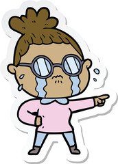 sticker of a cartoon crying woman wearing spectacles