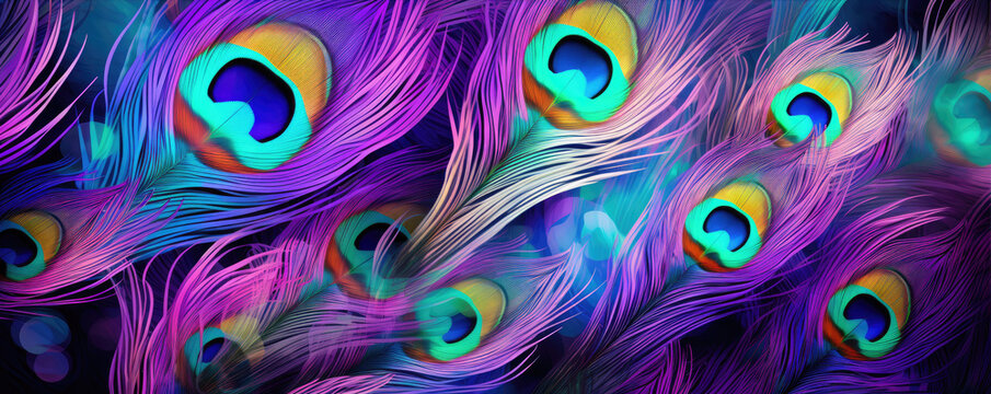 Peacock feather in violet color detail. Colorful peacock feathers top view.
