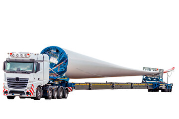 Truck Isolated on white. Blade for wind turbines. Special transport of a blade for a wind turbine...