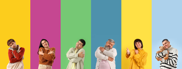 Collection of hugging people on color background