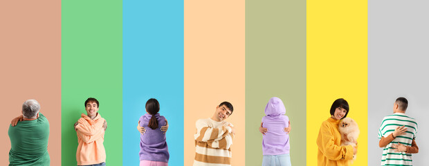 Collage of hugging people on color background