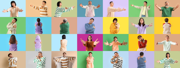 Group of hugging people on color background