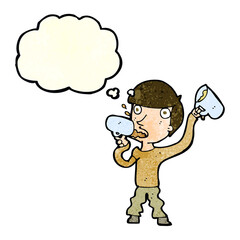 cartoon man drinking beer with thought bubble