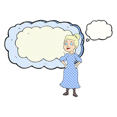 freehand drawn thought bubble cartoon victorian woman in dress