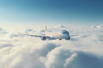 An airplane flying above the clouds on a sunny day. Suitable for travel, aviation, or adventure concepts