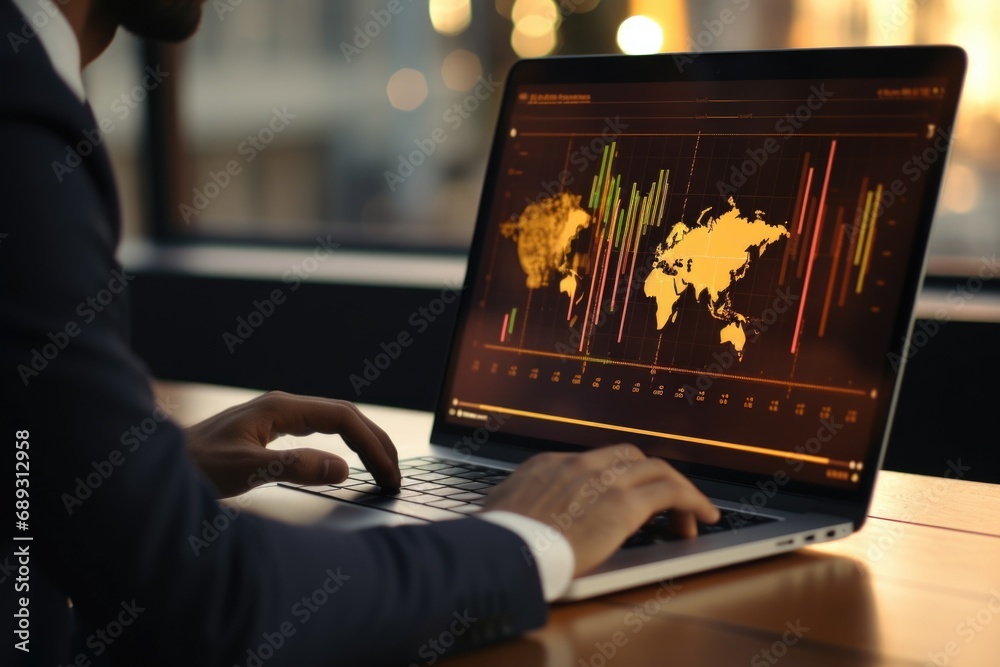 Poster a man in a suit is focused on his work as he uses a laptop. this image can be used to depict profess