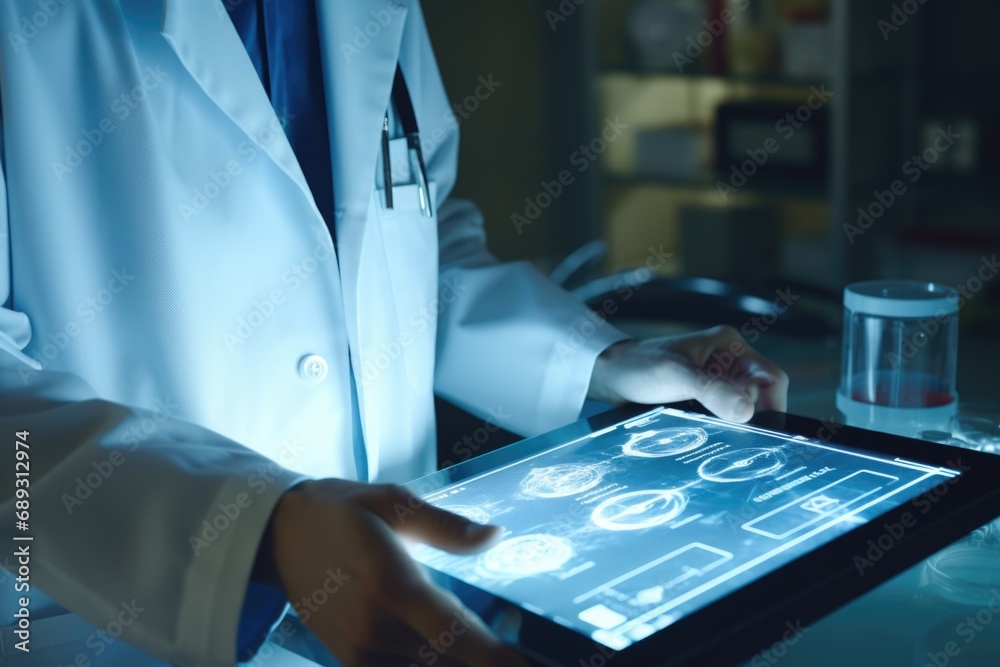 Poster a man wearing a lab coat is shown holding a tablet computer. this image can be used to illustrate te