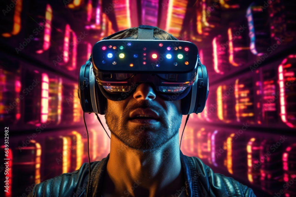 Poster a man is seen wearing a pair of virtual glasses. this image can be used to depict the concept of vir