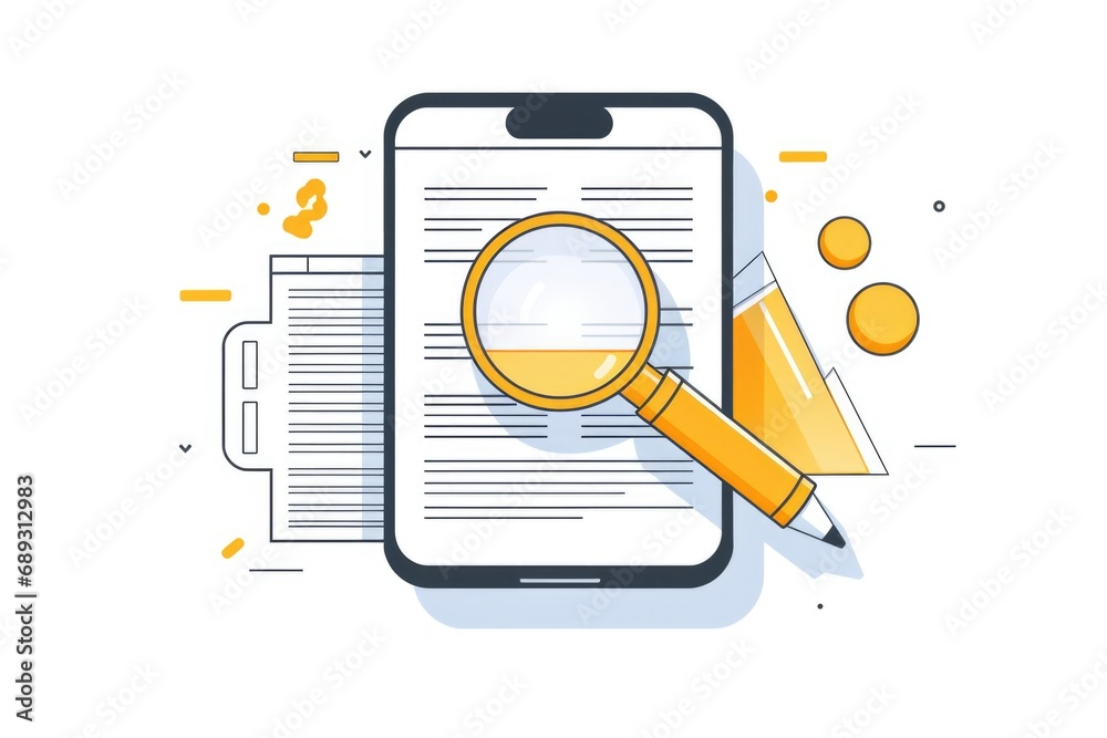 Poster a picture of a phone with a magnifying glass and a pen. this versatile image can be used to represen