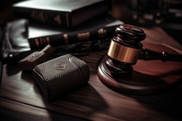 A wooden gavel sitting on top of a wooden table. Suitable for legal, justice, or law-related themes - obrazy, fototapety, plakaty