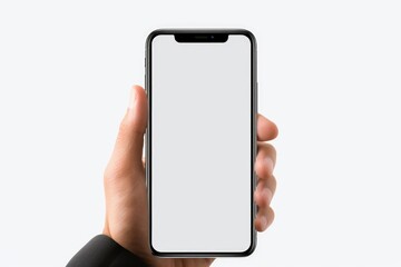A person holding a black phone with a white screen. Suitable for technology-related projects