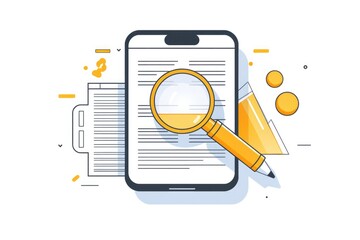 A picture of a phone with a magnifying glass and a pen. This versatile image can be used to represent technology, research, communication, and productivity - obrazy, fototapety, plakaty