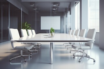 Fototapeta na wymiar A professional conference table with sleek white chairs and a vibrant potted plant. This image is perfect for showcasing a modern and inviting meeting space.