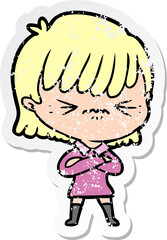 distressed sticker of a annoyed cartoon girl