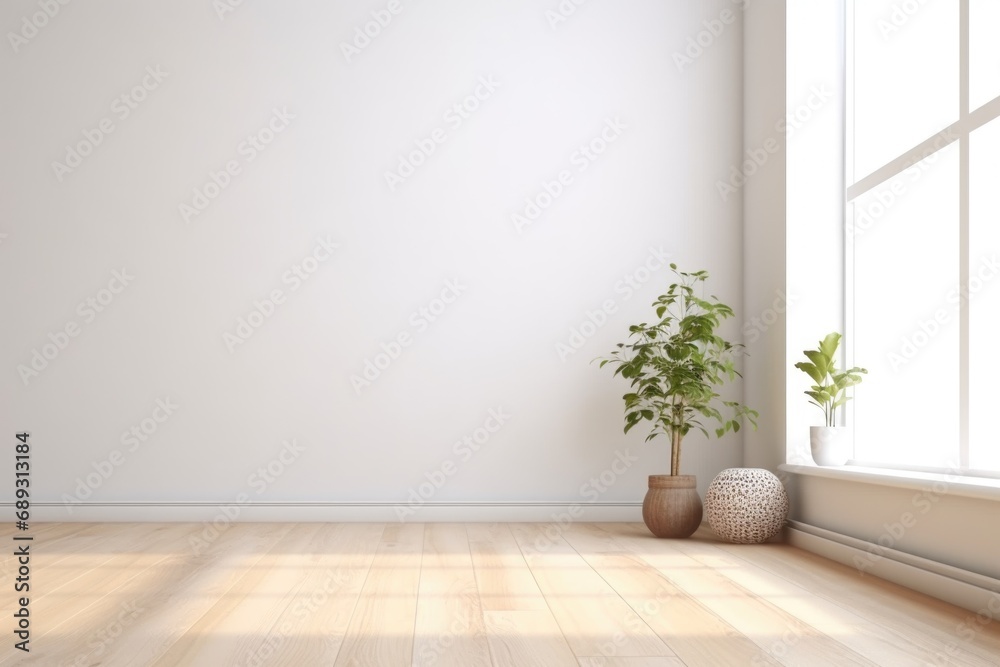 Poster A simple and minimalistic image of an empty room with a potted plant placed in front of a window.