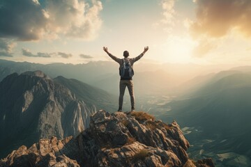 A man standing triumphantly on the top of a mountain, raising his hands in the air. Perfect for conveying a sense of accomplishment and success. - obrazy, fototapety, plakaty