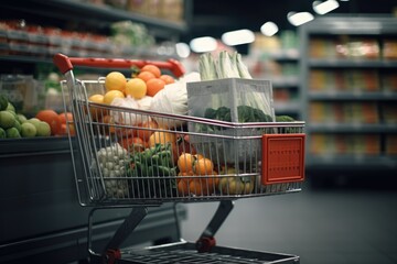 A shopping cart filled with a variety of fresh fruits and vegetables. Perfect for illustrating...