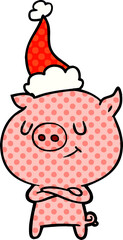 happy hand drawn comic book style illustration of a pig wearing santa hat