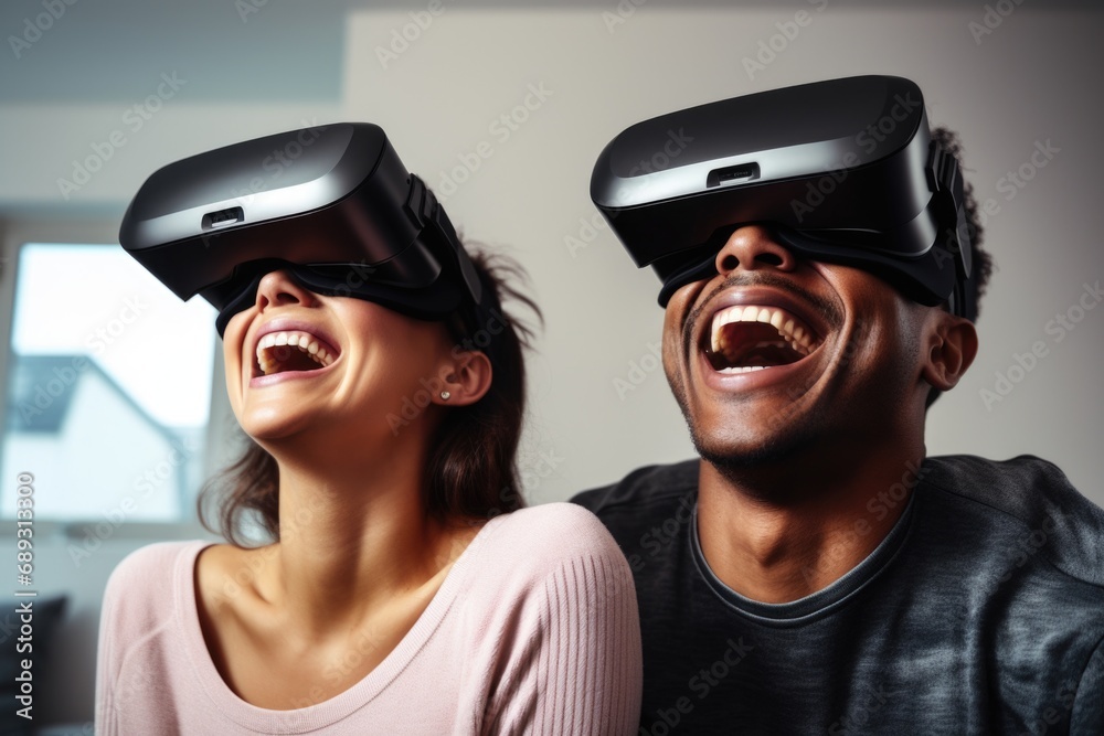 Poster a man and a woman are pictured wearing virtual reality headsets. this image can be used to illustrat