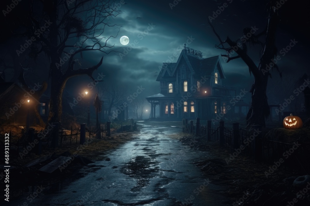 Poster a haunting image of a creepy house surrounded by a spooky forest at night. perfect for halloween-the