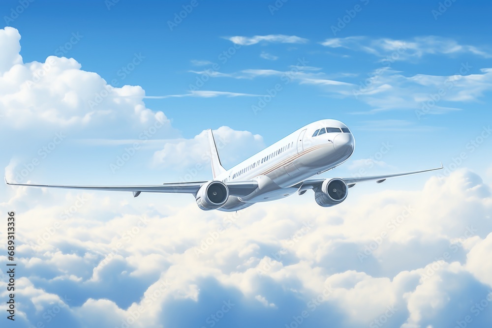 Poster a large jetliner soaring through the clouds. perfect for travel and aviation-related projects