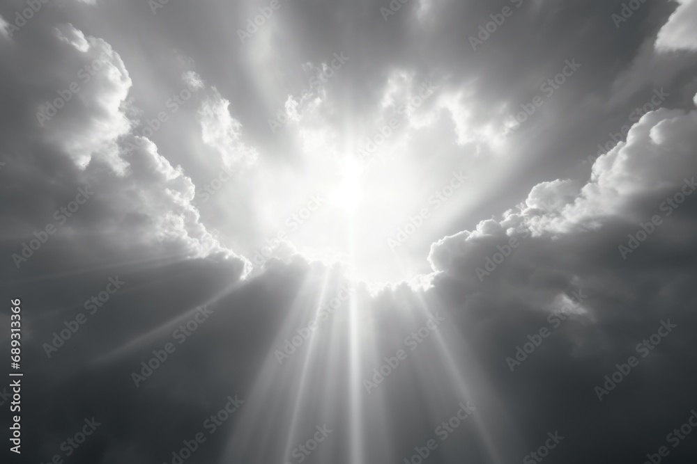 Poster a black and white photo capturing the sun shining through the clouds. suitable for various uses