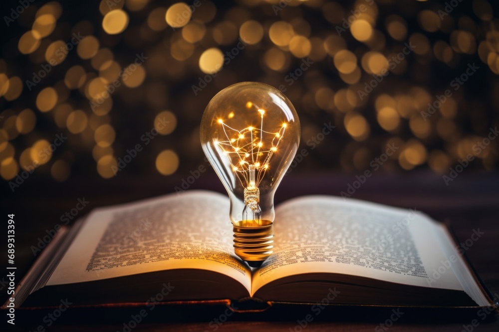 Poster an open book with a light bulb on top. ideal for educational or creative concepts
