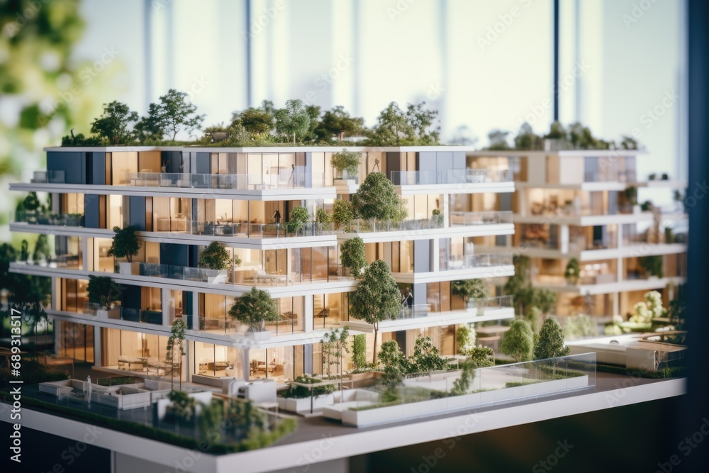 Poster A model of a building with trees on top. Can be used to represent eco-friendly architecture or urban green spaces.