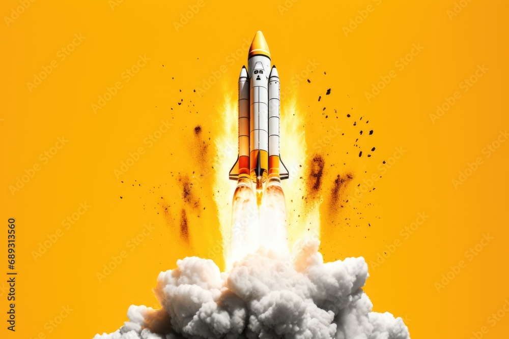 Poster a space shuttle taking off into the sky. perfect for illustrating space exploration and technologica