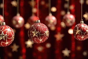 A group of red Christmas balls hanging from strings. Perfect for holiday decorations and festive designs