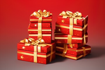 A stack of red and gold gift boxes with gold bows. Perfect for any special occasion or holiday gift-giving