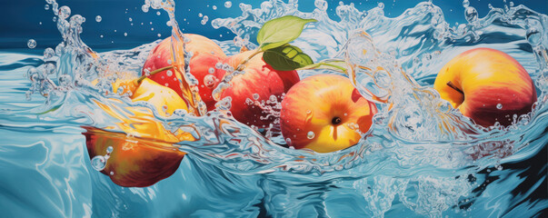 Various of fresh fruits in water splashes on wide banner