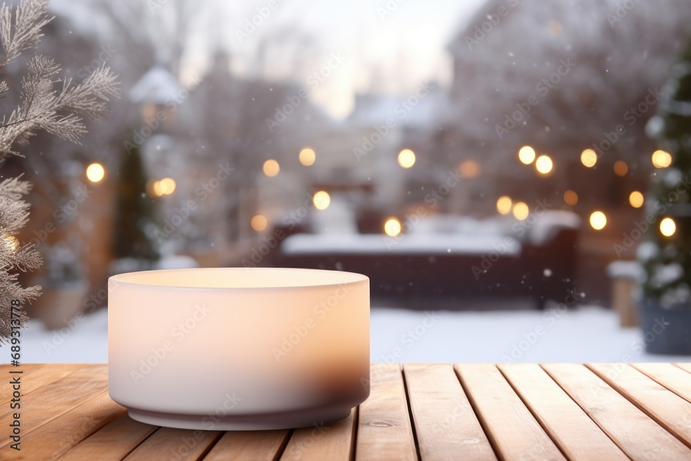 Aufkleber A simple yet serene image of a lit candle placed on top of a wooden table. Perfect for creating a cozy atmosphere or adding a touch of warmth to any setting