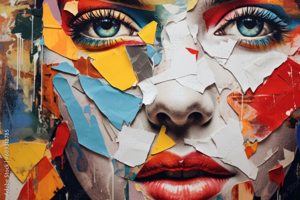 Aufkleber a close-up view of a woman's face with torn pieces of paper. this image can be used to represent emo